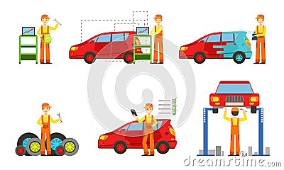 Car Service Set, Male Auto Mechanics in Uniform Repairing, Washing, Painting Cars and Testing Vehicles Vector Vector Illustration