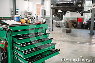 Car service tool box with pull-out shelves Stock Photo