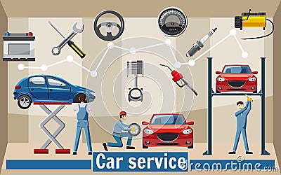 Car service tools concept, cartoon style Vector Illustration