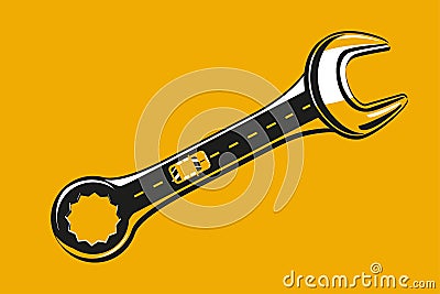 Car service vector illustration. Metal spanner tool with road an car top view. Auto repair icon. Vector Illustration