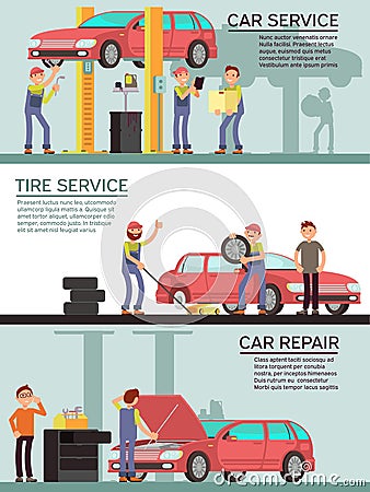 Car services and auto garag vector marketing banners with cartoon mechanic workers Vector Illustration