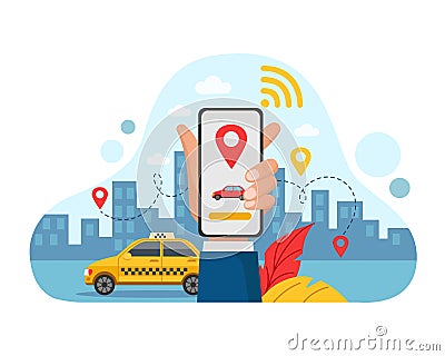 Car share app. Automobile parking. Rental auto ride by mobile device. Transport rent service. Hand holding smartphone Stock Photo