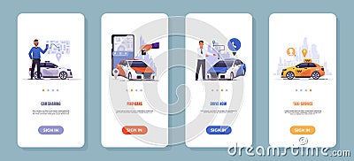 Car sharing app. Mobile application of taxi order service, auto remote control and vehicle rental. Phone UI interface Vector Illustration