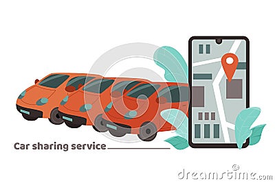 Car sharing banner with mobile application on phone cartoon vector illustration. Vector Illustration
