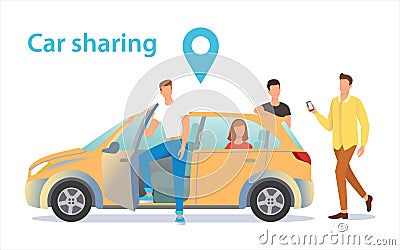 Car sharing illustration. A group of people near the car waiting for a fellow traveler Cartoon Illustration