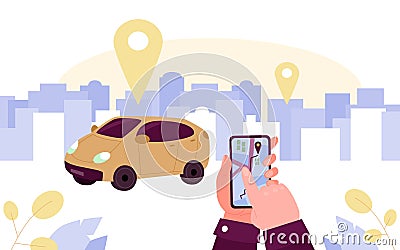 Car sharing or rent concept with users hands, cartoon vector illustration. Vector Illustration