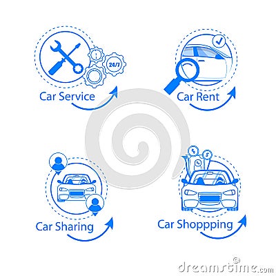 Car Sharing, Rent, Shopping, Service Flat Icon Set Vector Illustration