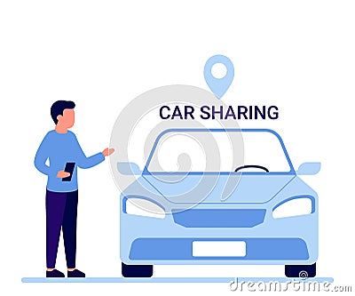 Car sharing service, rent, lease auto. Man with smartphone standing near car. Mobile app for share driving. Vector Vector Illustration