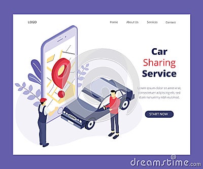 Car Sharing Service, Where 2 people are sharing a Car Isometric Artwork Concept Stock Photo