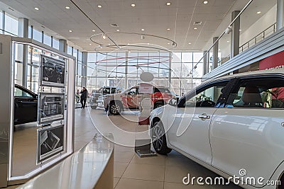 Car in showroom of dealership Toyota in Nizhny Novgorodcity in 2018 Editorial Stock Photo