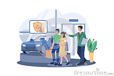 Car Showroom Manager Giving Details About The Car To A Couple Vector Illustration