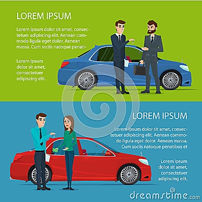 Car Showroom. Manager sells man and woman buying a new car. Vector Illustration