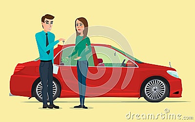 Car Showroom. Manager sells and woman buying a new car Vector Vector Illustration