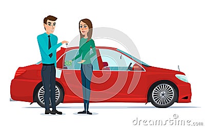 Car Showroom. Manager sells and woman buying a new car. Vector i Vector Illustration