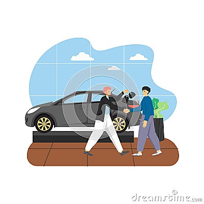 Car showroom with new car and two male characters auto dealer and buyer, flat vector illustration. Vector Illustration