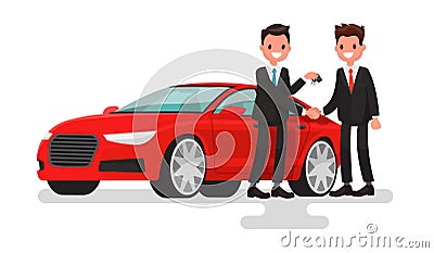 Car showroom. Purchase sale or rental car. Seller man hands over Cartoon Illustration