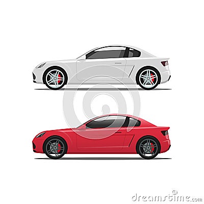 Car side view, auto vector, white red cars icons, automobiles Vector Illustration