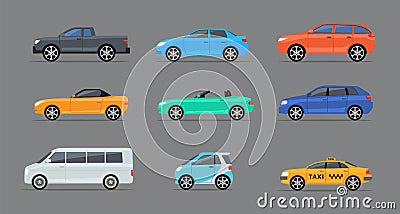 Car side view profile vector icon modern sedan bus. Vector car side view icon set Vector Illustration