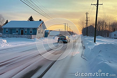car skidding marks on an icy road with snowbanks Stock Photo
