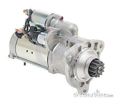 Car spare parts. Car engine starter on a white background. Isolate Stock Photo