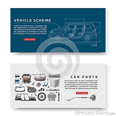 Car spares and auto parts with vehicle scheme vector illustration banners set. Auto diagnostics test service, protection Vector Illustration