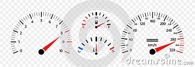 Car speedometer. Auto dashboard with gauge of speed, tachometer, odometer. Icons isolated on transparent background. Panel of Vector Illustration