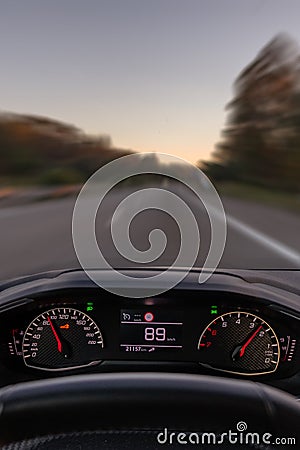 Car speedometer at 89 kmh or 89 mph Stock Photo