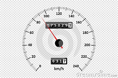 Car speedometer at transparent background. Speedometer with speed scale and kilometer counter. Vector Vector Illustration