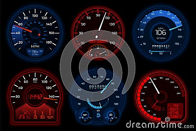 Car speedometers. Racing speedometer, speed scales in auto. Car dashboard, fast accelerate interface. Abstract motorbike Vector Illustration