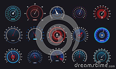 Car speedometers set. Speed measurement automobile indicator, futuristic display with counter and arrow. Vector set Vector Illustration