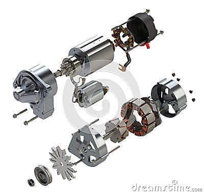 Car starter and alternator in exploded view 3D rendering Stock Photo