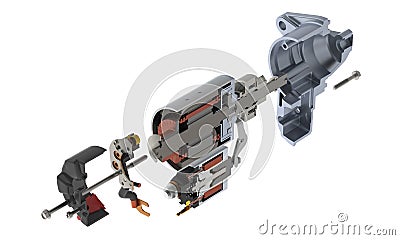 Car starter components, exploded parts in section view, 3D rendering isolated on white background Stock Photo