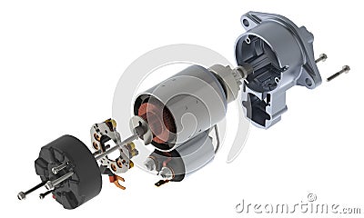 Car starter components, exploded view, 3D rendering isolated on white background Stock Photo