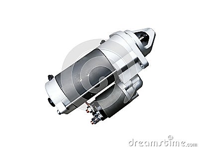 Car starter with solenoid Assembly on an isolated white background. Stock Photo