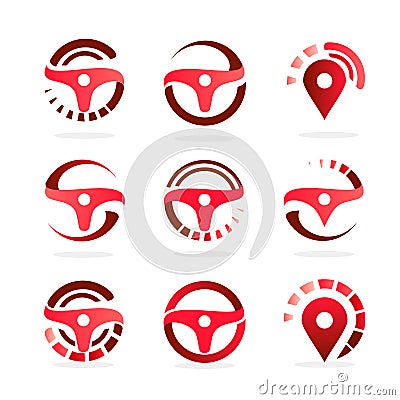 Car Steering Wheel set, abstract logo template. Navigation map icons. Automotive vector illustration. Vector Illustration