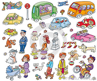 Car stickers with people, dogs, van pancakes, Stock Photo