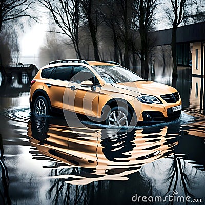 Car stuck in flood waters - ai generated image Stock Photo