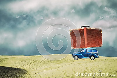 Car with a suitcase in the desert. Abstract travel concept Stock Photo