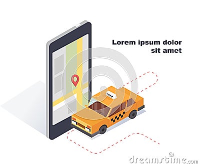 Car taxi.Online mobile taxi order service app concept. Isometric 3D transportation of passengers in the taxi. Vector Illustration