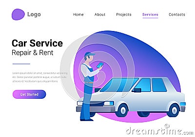 Car Technical Service, Diagnostic, Repair and Rent Flat style vector illustration landing page banner. Mechanic standing near car Vector Illustration