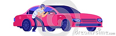 Car theft. Thief is getting close to car. Car insurance, insured event. Bad security automobile vector illustration Vector Illustration