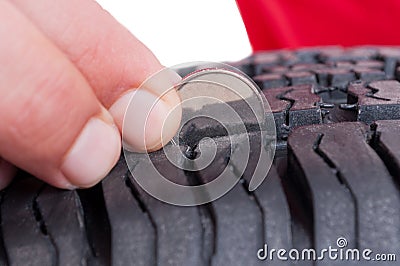 Car tire depth check with coin Stock Photo