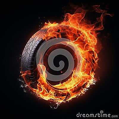 Car tire in fire. Burning car wheel, concept of speed,car racing, fast car service. Burnt tires, burning tires for protest, Stock Photo