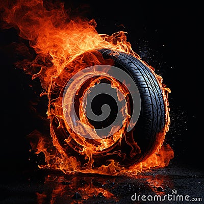 Car tire in fire. Burning car wheel, concept of speed,car racing, fast car service. Burnt tires, burning tires for protest, Stock Photo