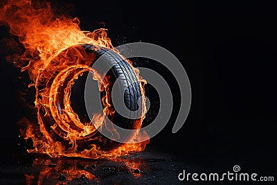 Car tire in fire. Burning car wheel, concept of speed,car racing, fast car service. Burnt tires, burning tires for protest, Stock Photo