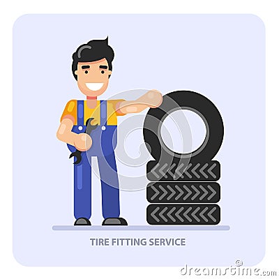 Car tire fitting service concept, man worker and stack of car wheels, tyre change station Vector Illustration