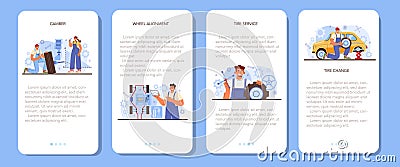 Car tire service mobile application banner set. Worker changing a tire Cartoon Illustration