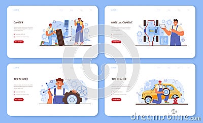 Car tire service web banner or landing page set. Worker changing a tire Vector Illustration