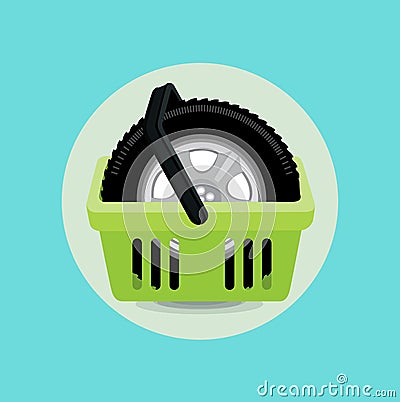 Car tire and shopping basket flat design Vector Illustration