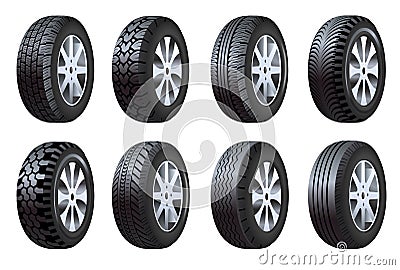 Car tires isolated icons, vehicle spare parts Vector Illustration